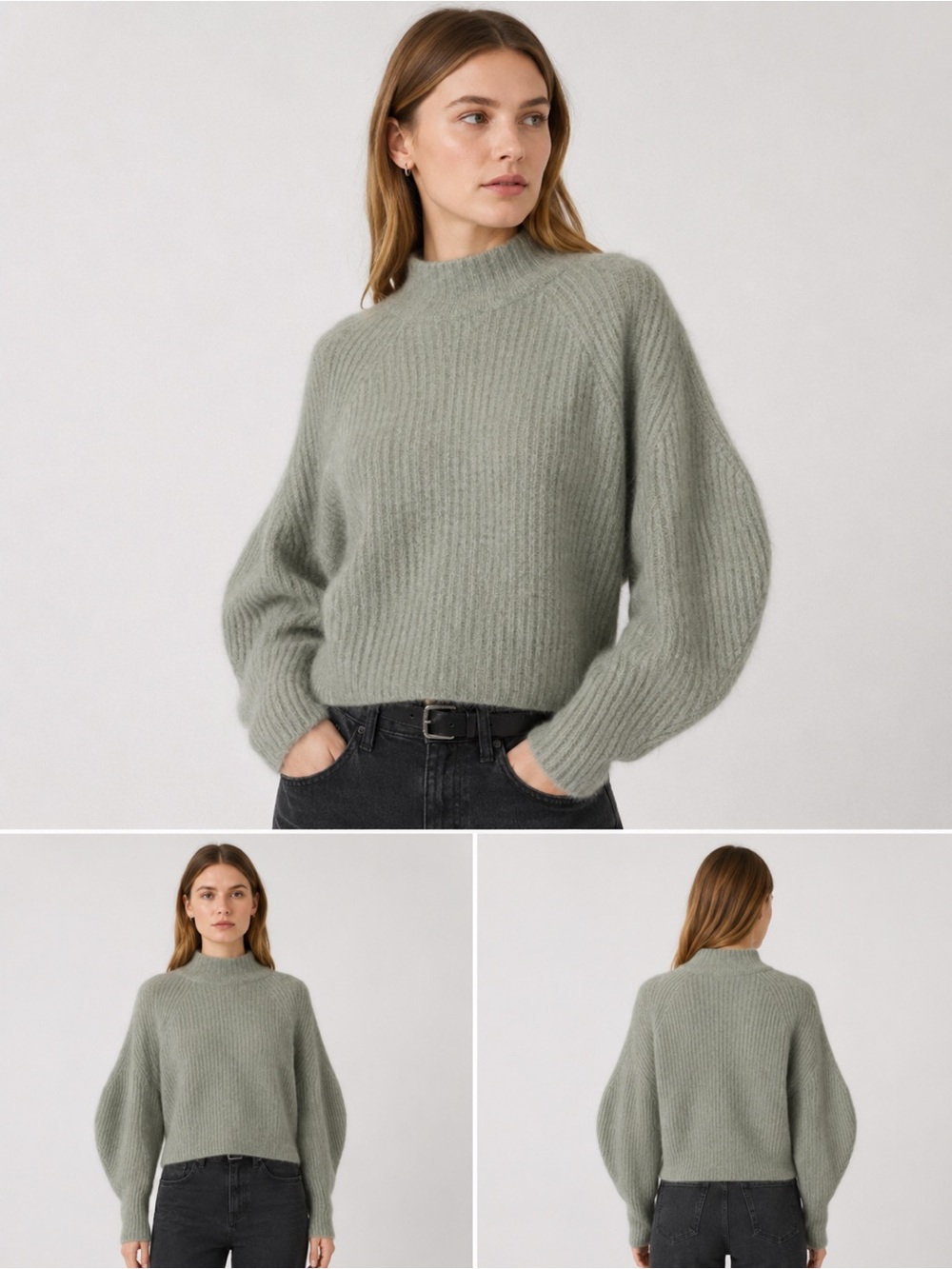 H&M Mohair Wool Blend Ribbed Mock Neck Balloon Sleeve Sweater S